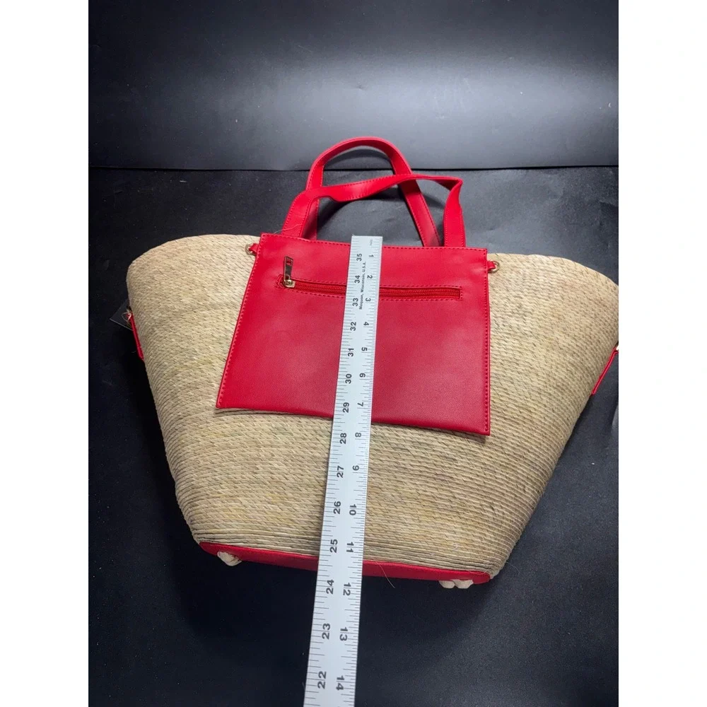 By Del Rio Straw Tote Bag Red‎ Faux Leather Trim Crossbody Strap NWT 00-157